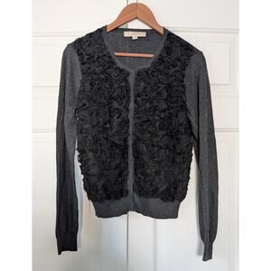 Loft Grey and Black Ruffle Cardigan Sweater